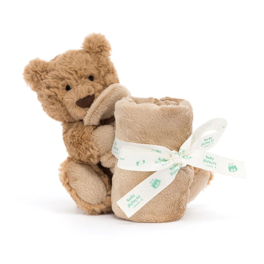 Soft Jellycat Bartholomew Bear Soother with plush fabric and embroidered facial features, perfect for comforting infants.