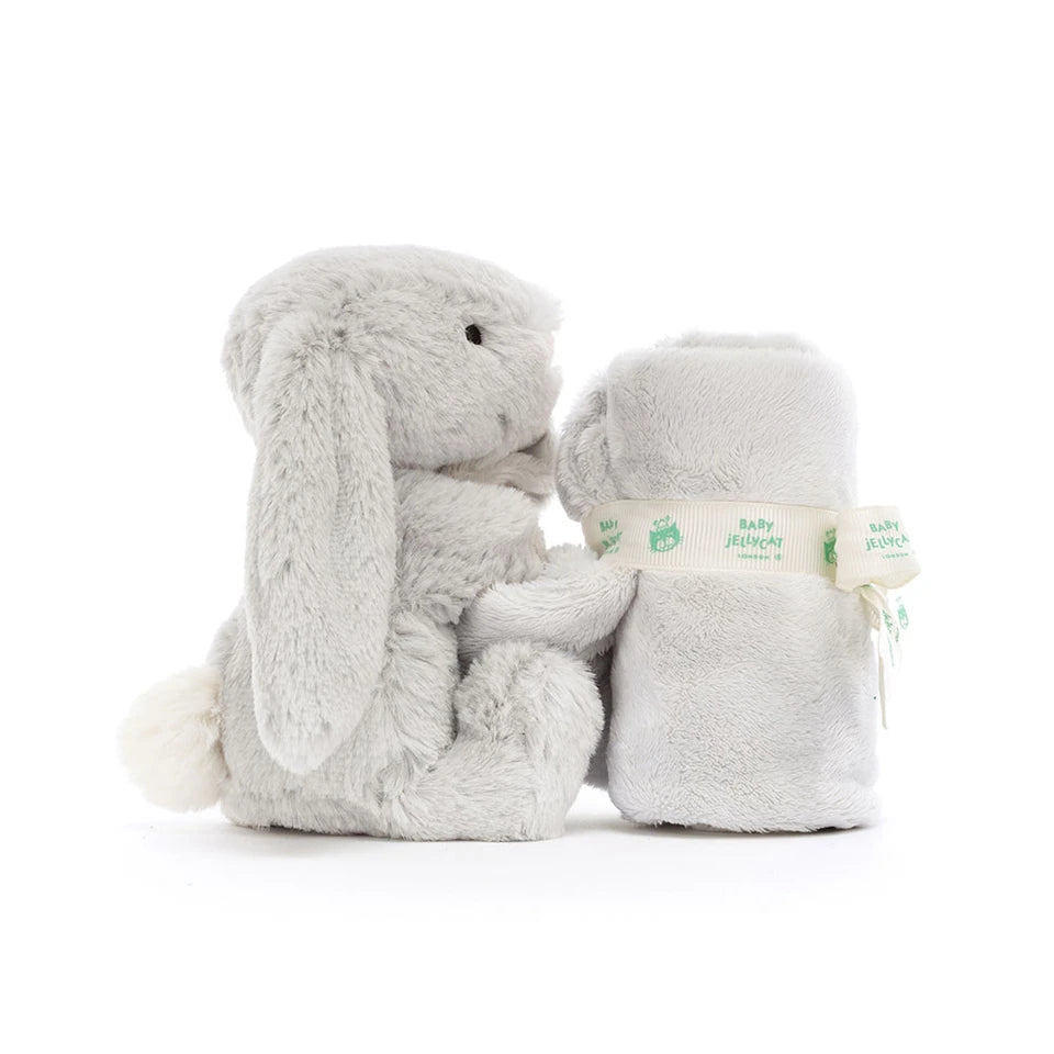 Jellycat Bashful Grey Bunny Soother featuring soft plush fabric and adorable bunny face, perfect for comforting babies.