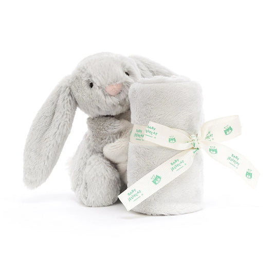 Soft grey plush Bunny Soother by Jellycat, featuring floppy ears and gentle facial features for comfort and cuddling.