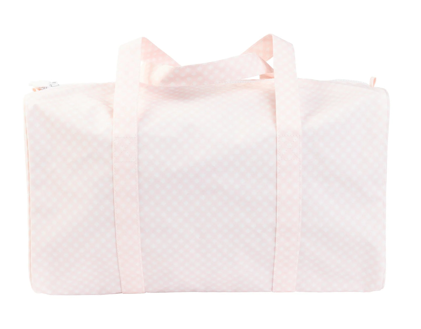 Pink gingham duffle bag from Apple of My Isla, showing a spacious cotton tote with pink and white checkered pattern.