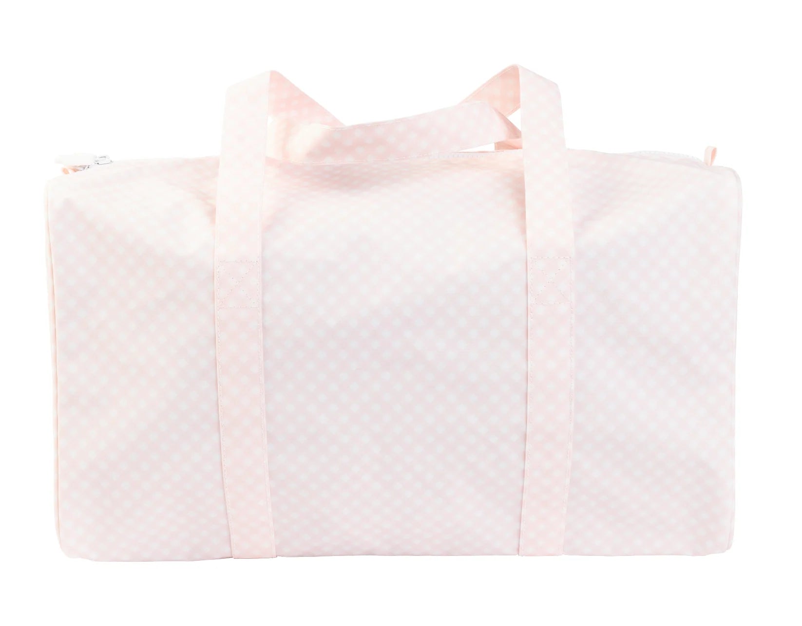 Pink gingham duffle bag from Apple of My Isla, showing a spacious cotton tote with pink and white checkered pattern.
