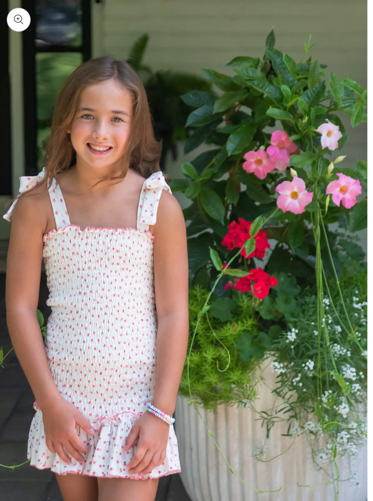 James and Lottie - Smocked Tie Shoulder Dress BE, Pink Daisy Eyelet