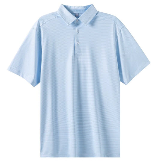 Micro Carolina Blue Performance Polo shirt by Meripex, featuring a close-up of the collar and fabric texture.