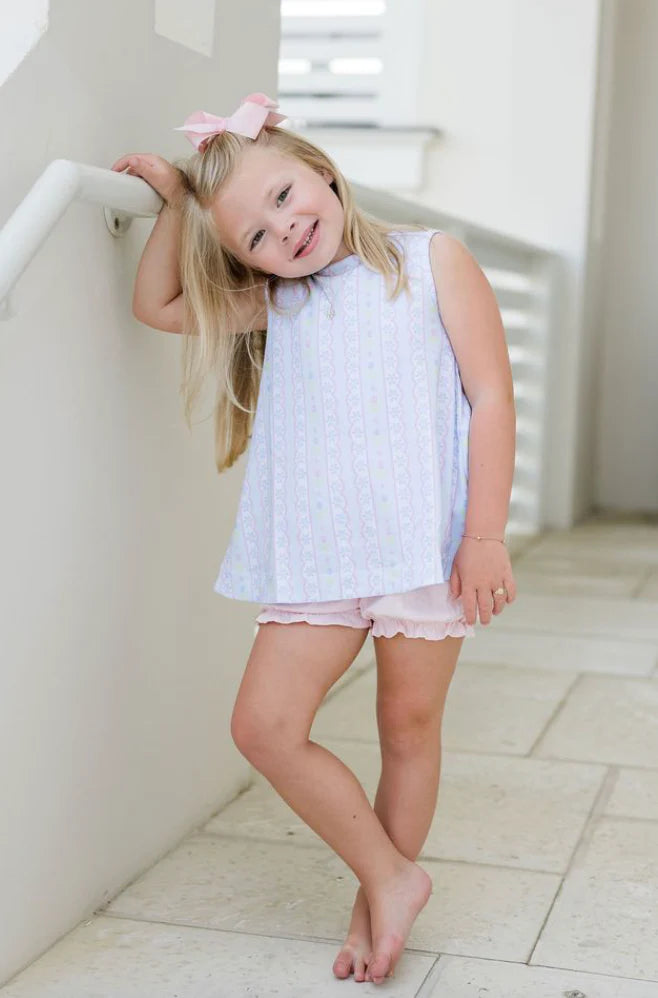 Blue floral scallop Lottie Bloomer set by James & Lottie with cute floral patterns and scalloped edges for baby girls.