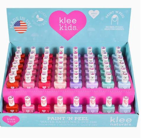 Klee Kids water-based peelable nail polish in colorful shades, shown on a child's nails for easy, safe nail art.