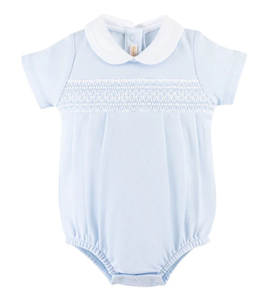 Baby Club Chic - Blue Hand Smocked Bubble w/ Round Collar