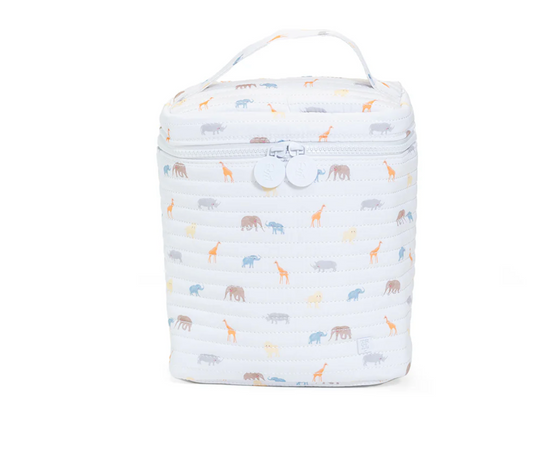 TRVL Designs Quilted Go Go Insulated Lunch Bag in safari print, featuring a spacious design with quilted exterior for easy carrying.