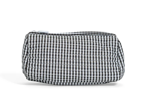 Black gingham quilted pochette bag by TRVL Designs, showing its compact, stylish design with a quilted pattern and top zipper closure.
