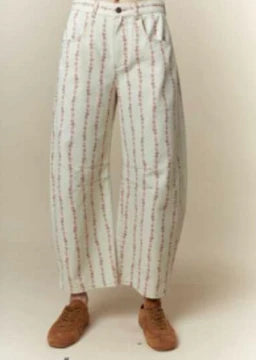Pink and Cream Floral Denim Barrel Pants
