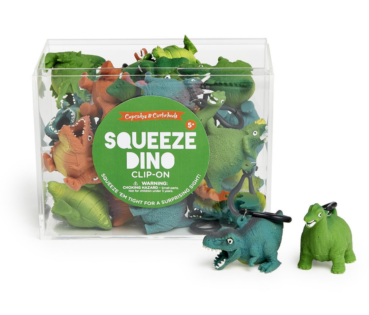 Colorful surprise squeeze dinosaur toy with clip-on attachment from Cupcakes and Cartwheels by Sweet E's Children's Boutique.