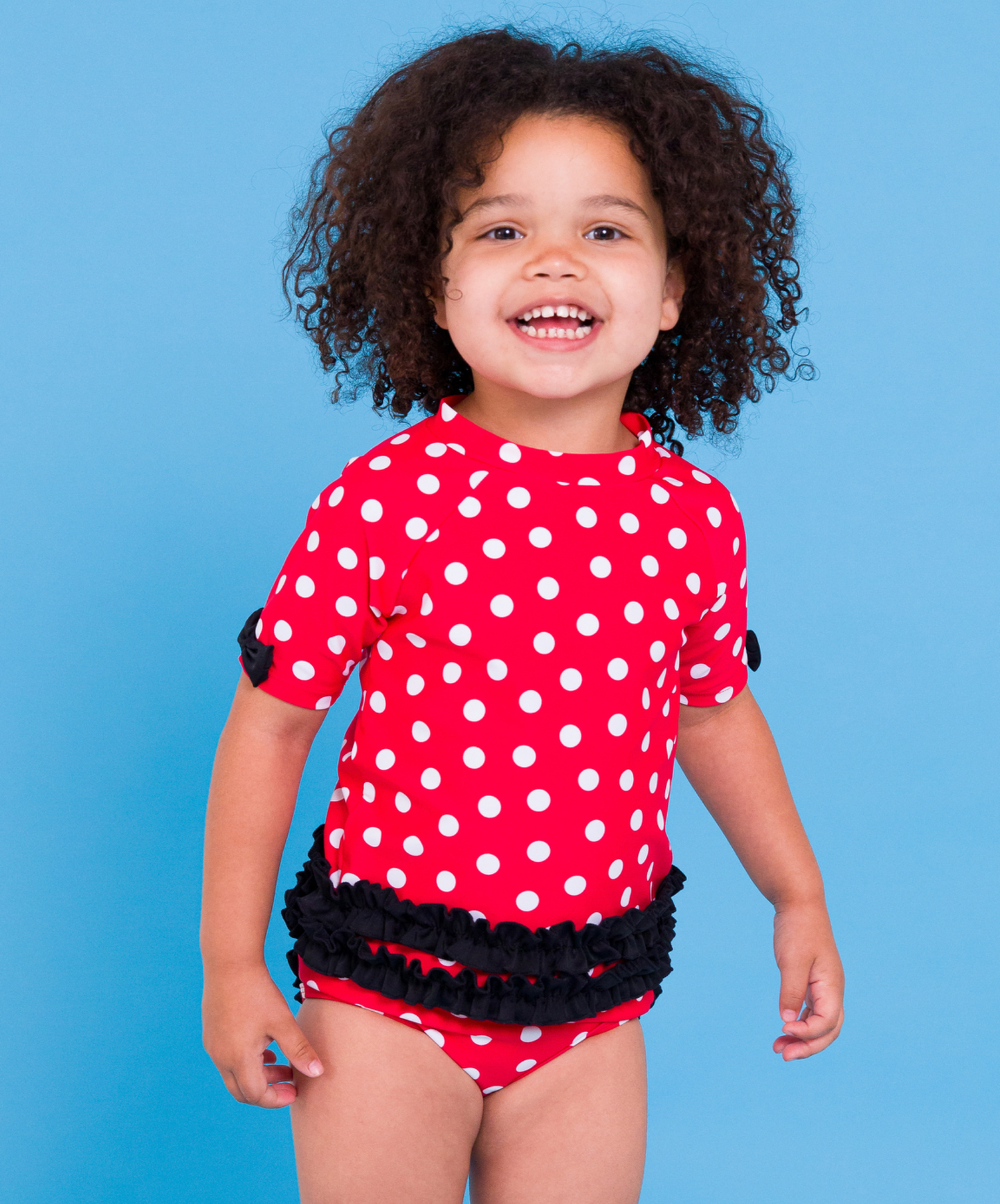 Ruffle Butts - Red Vintage Polka Dot Classic Bow Short Sleeve Rash Guard Bikini
