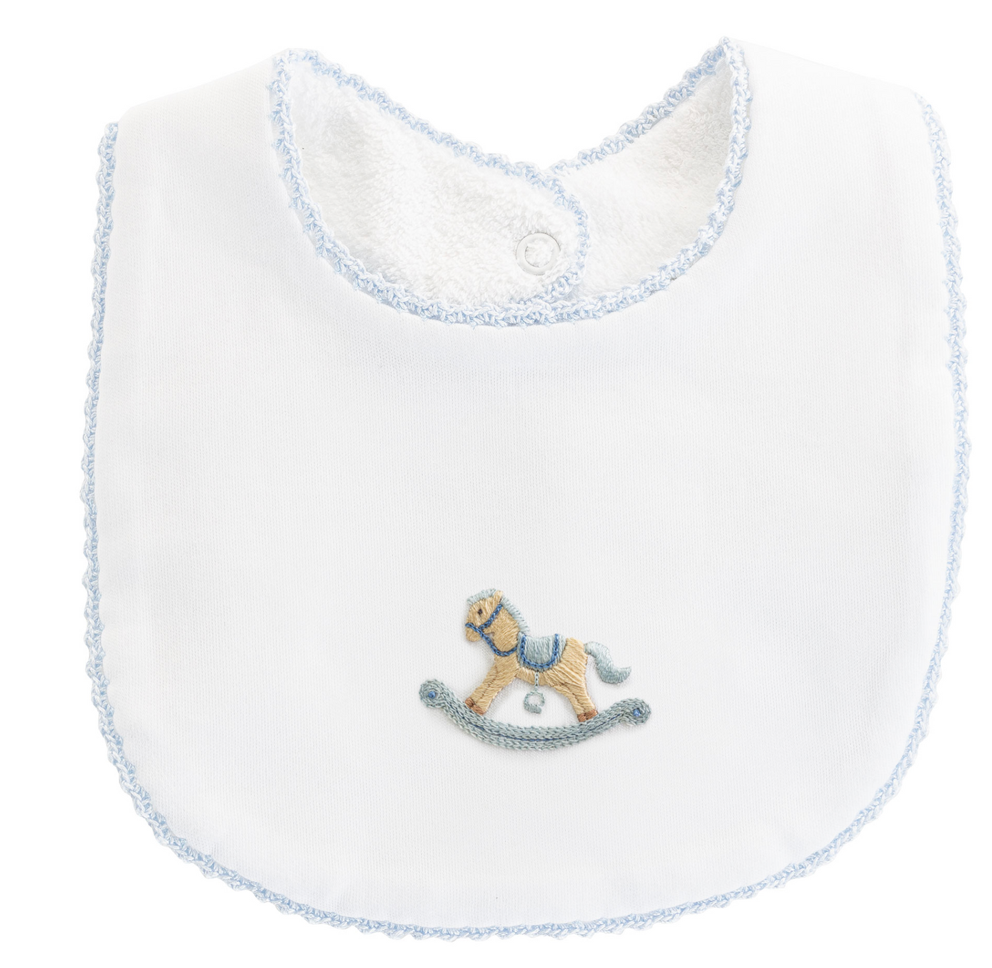 Baby Club Chic - Cute Rocking Horse - Blue Bib w/ Crochet Trim