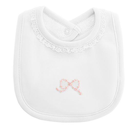 Baby Club Chic - White Pretty Bows Bib w/ Lace Trim