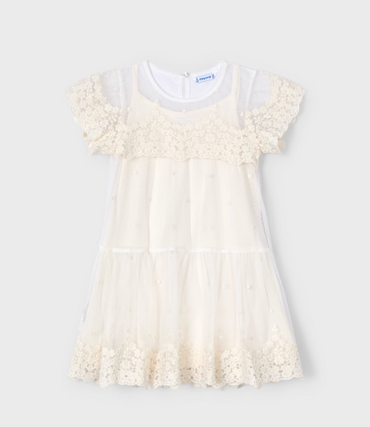 Mayoral - Bone Embroidered Tulle Dress