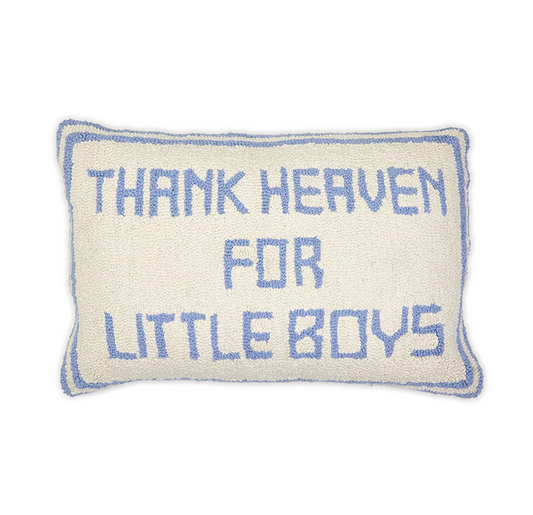 Decorative throw pillow by Two's Company featuring embroidery that says "Thank Heaven for Little Boys" in a charming design.