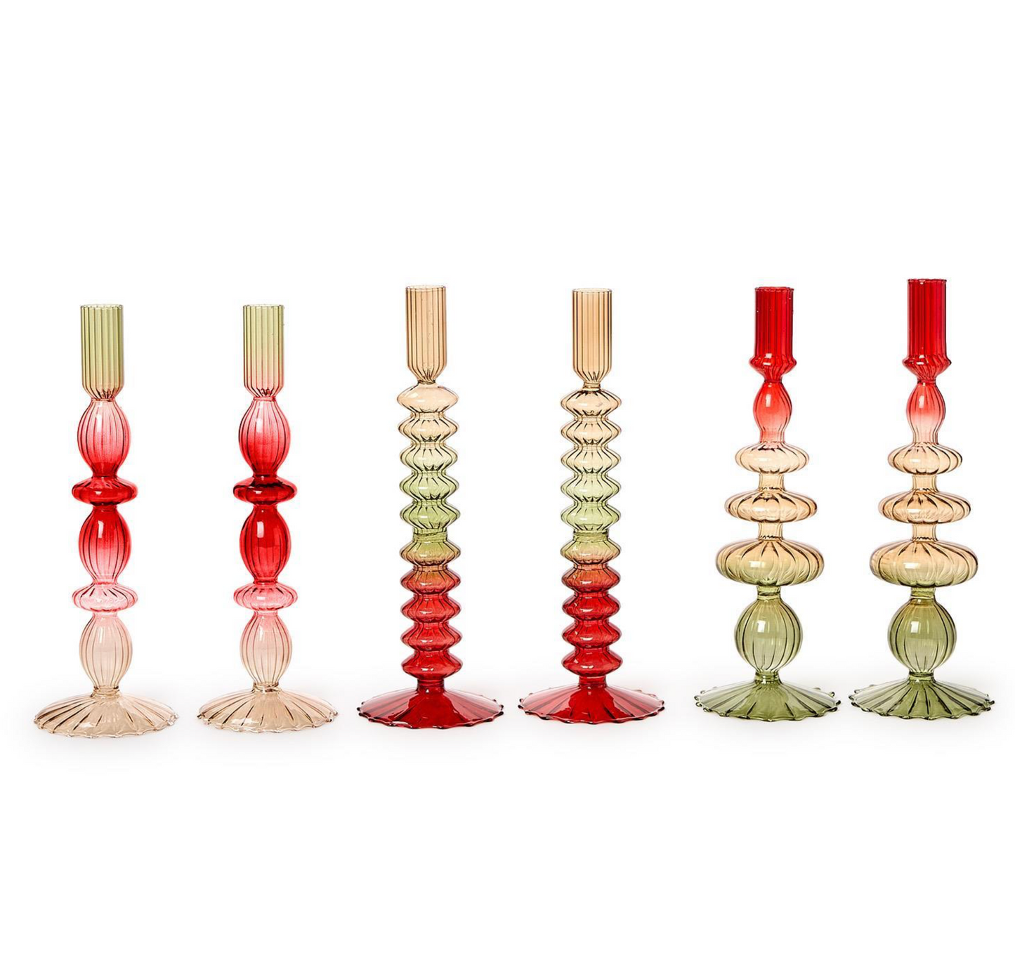 Set of 2 Holiday Ombre Hand-Blown Glass Candlesticks