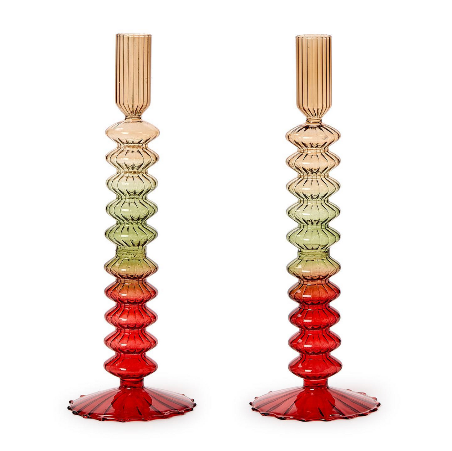 Set of 2 Holiday Ombre Hand-Blown Glass Candlesticks