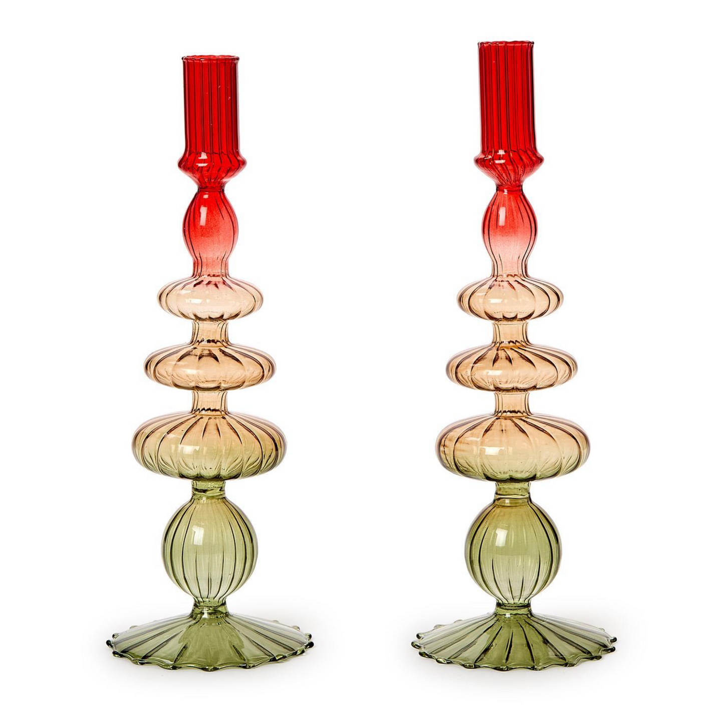 Set of 2 Holiday Ombre Hand-Blown Glass Candlesticks