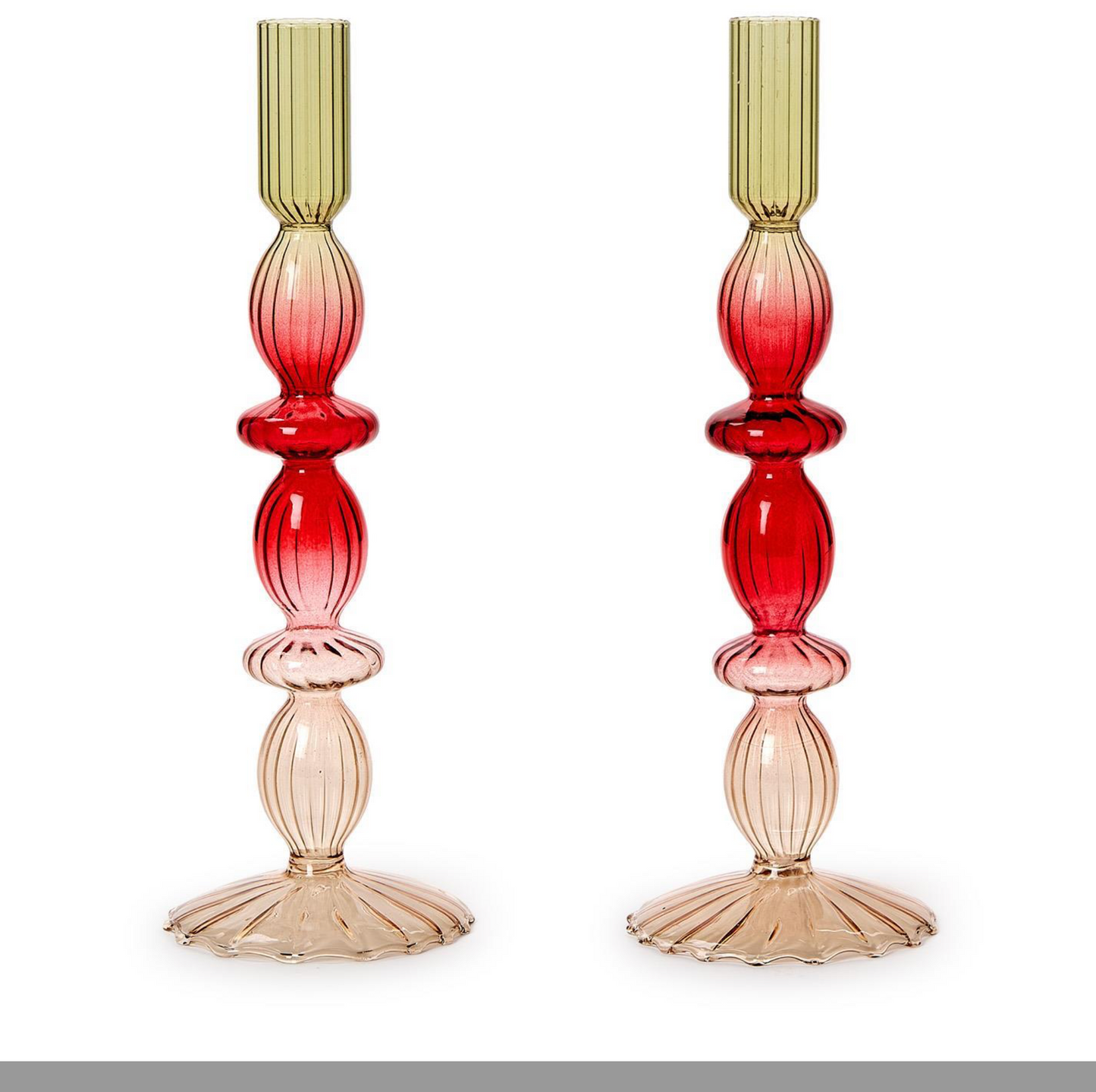 Set of 2 Holiday Ombre Hand-Blown Glass Candlesticks