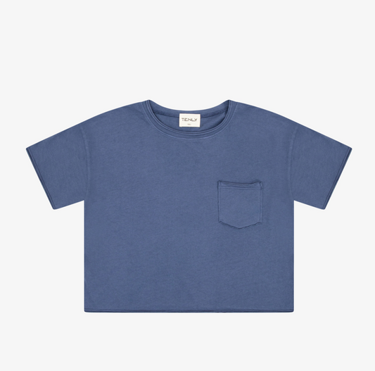 Indigo Storm cotton cropped tee by TENLY, featuring a stylish short-sleeve design and relaxed fit on a flat lay.