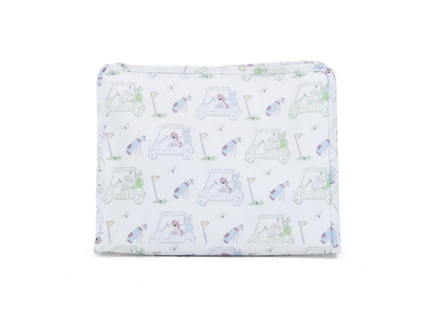 TRVL Designs Roadie large zip pouch with black fabric and silver zipper, designed for travel organization.