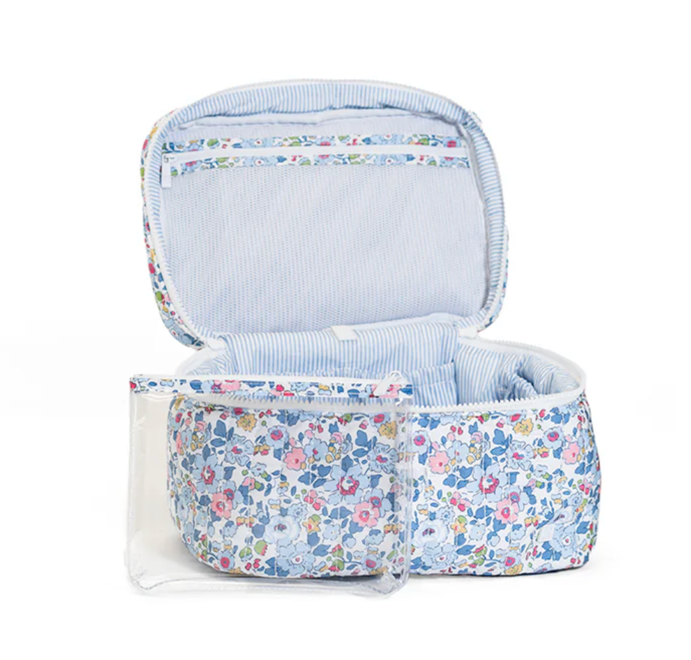 Quilted train set by TRVL Designs featuring colorful, cozy train cars with stitched quilted fabric and detailed design.