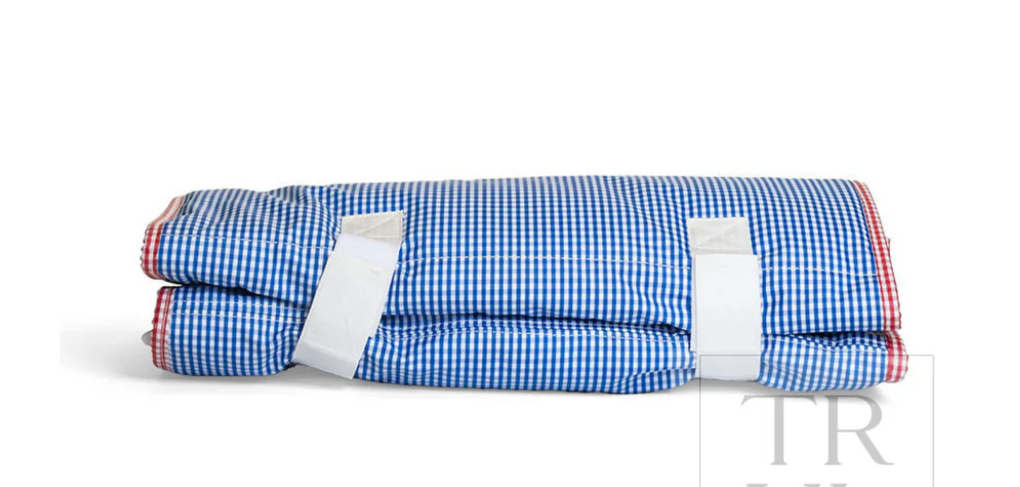 TRVL Design nap mat with colorful geometric pattern, soft fabric, and portable design for preschool or nap time use.