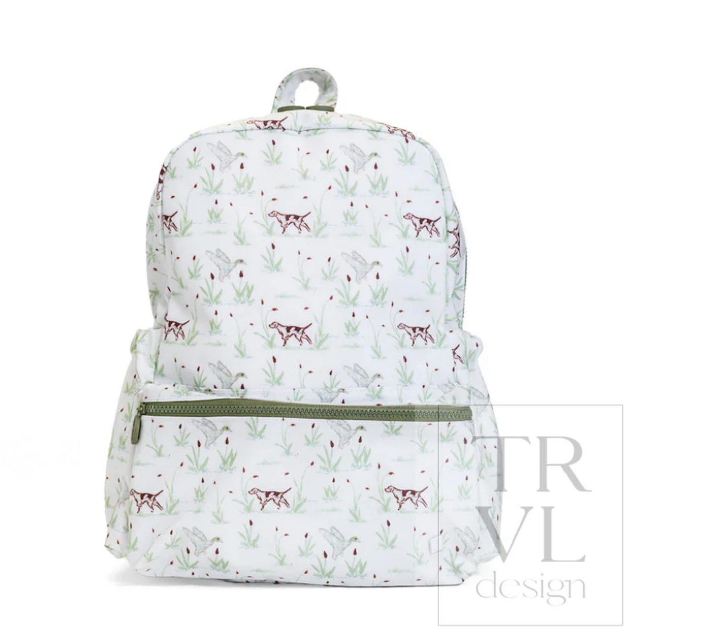 Screenshot of the TRVL Design backpack showcasing its sleek black exterior and multiple compartments for travel and daily use.