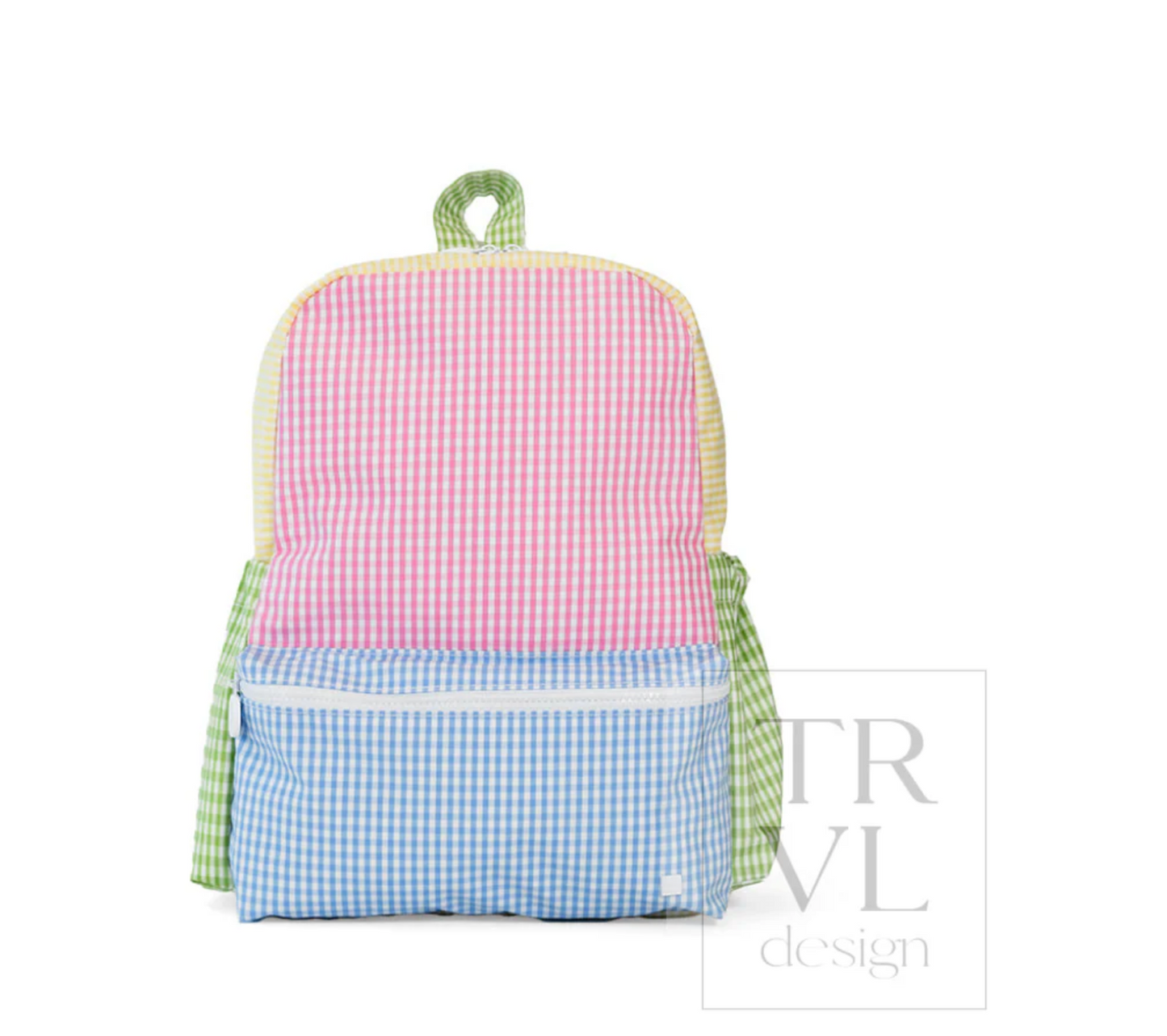 TRVL Design backpack with multiple compartments and adjustable straps, shown in a front view with a sleek black color.