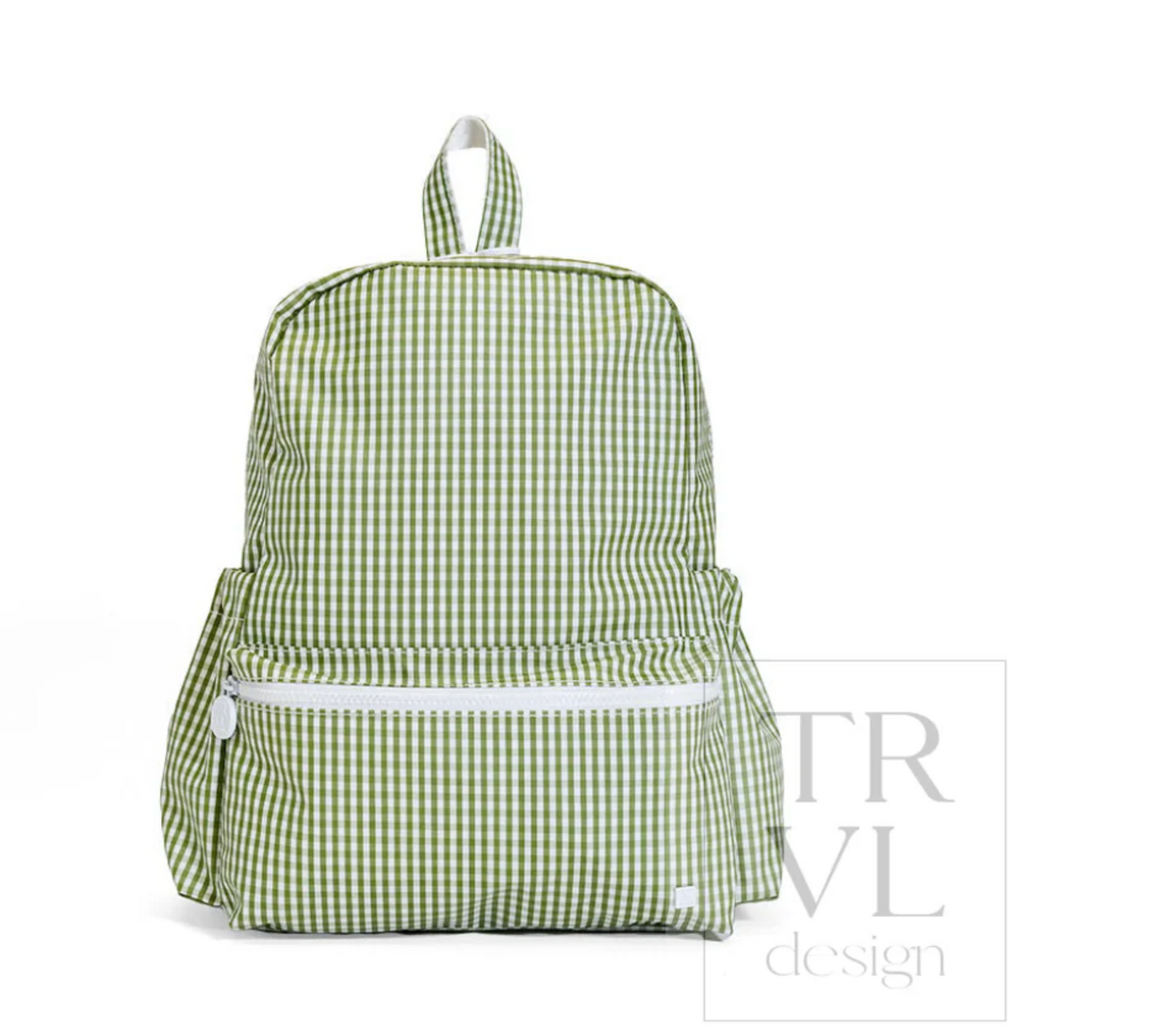 TRVL Designs backpack with multiple compartments and adjustable straps, shown in a screenshot image.
