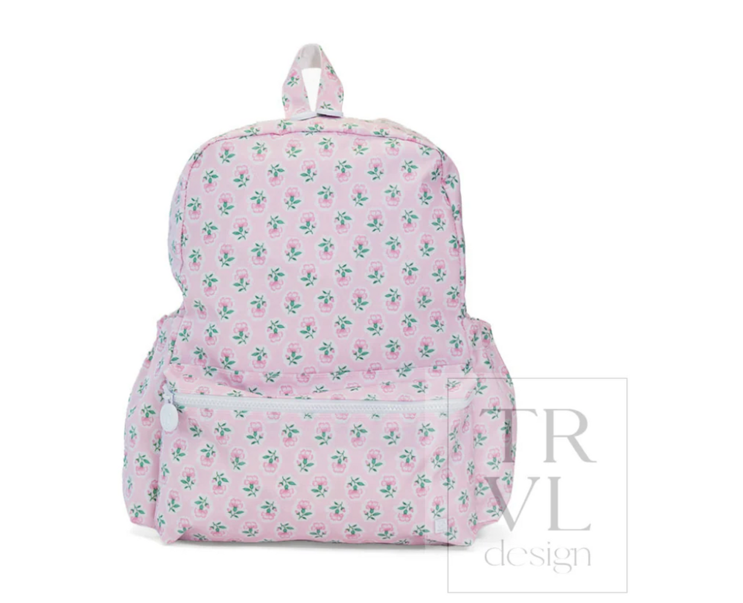 Front view of TRVL Design backpack showing black fabric, multiple compartments, and adjustable straps.
