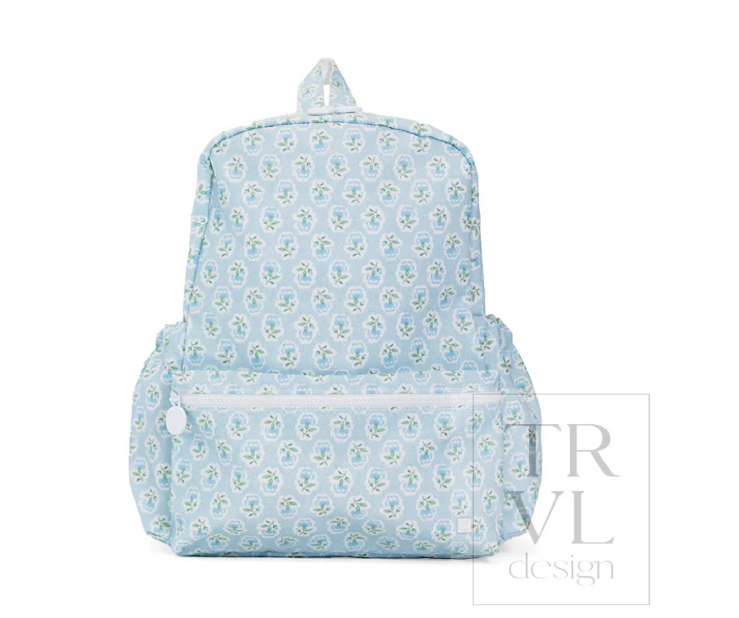 TRVL Design backpack with multiple compartments and adjustable straps, shown in a screenshot image.