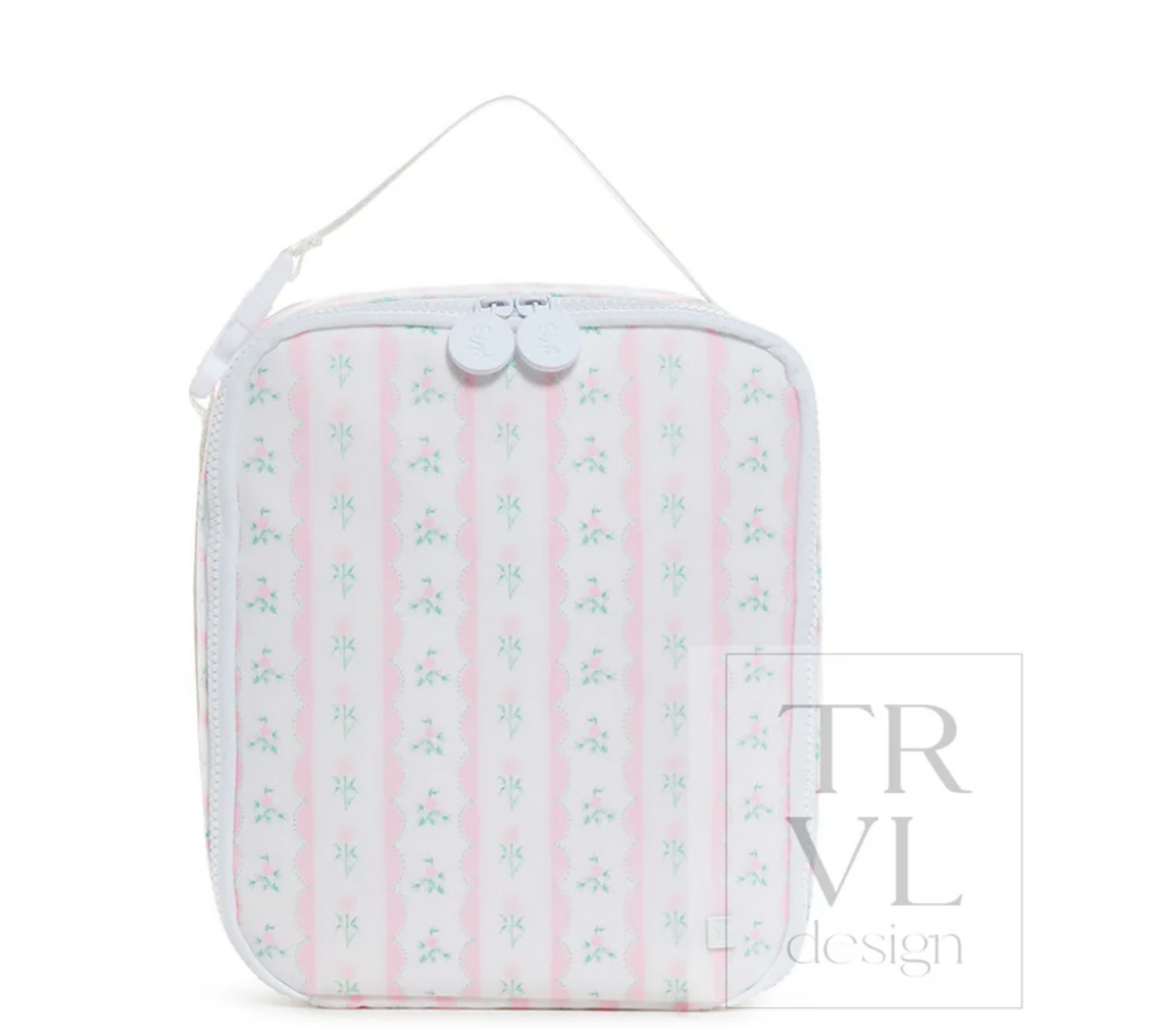 Insulated TRVL Designs lunch box with a zipper closure and compact size for carrying meals on the go.