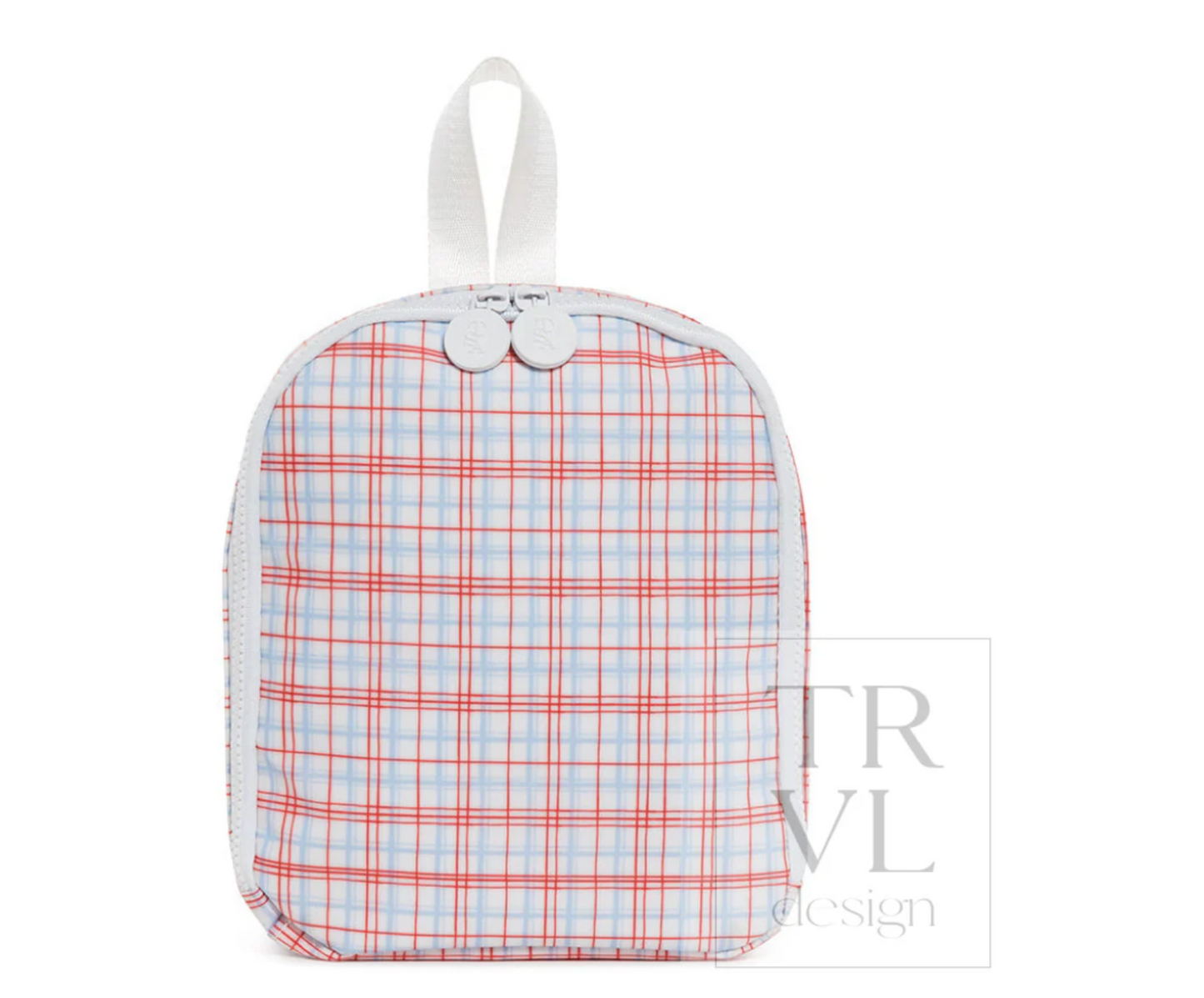 TRVL Design Bring It Lunch Bag with insulated fabric and adjustable strap, featuring a colorful geometric pattern.