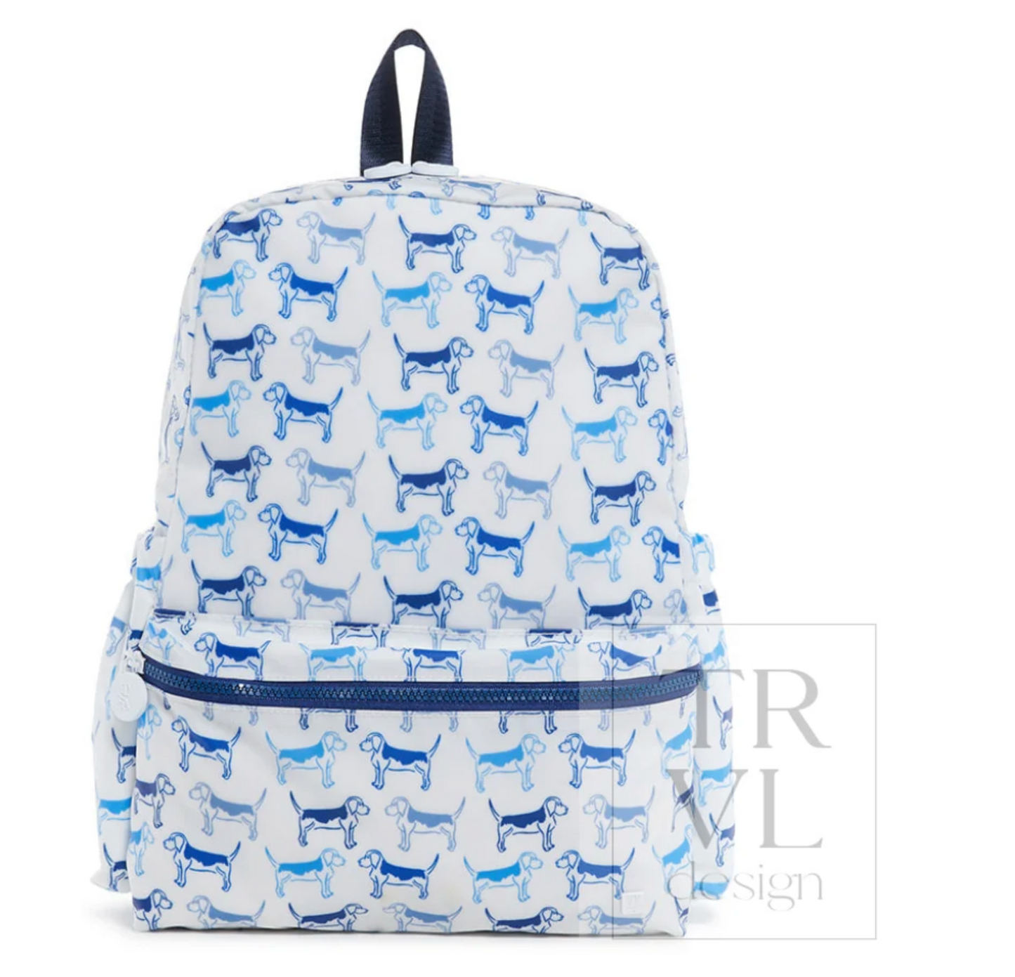 TRVL Design backpack with multiple compartments and adjustable straps, shown in a screenshot with a sleek, modern design.