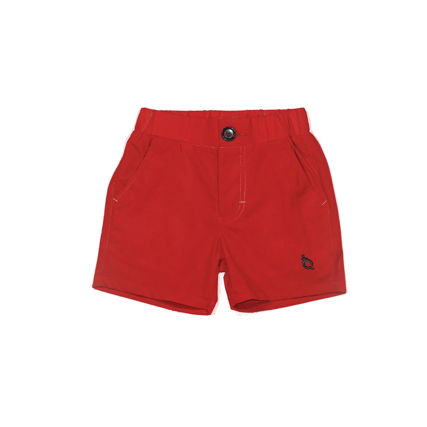 Red shorts from Blue Quail Clothing Co. displayed on a hanger with a casual fit and vibrant color.