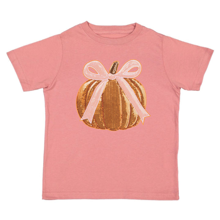 Sweet Wink Coquette Pumpkin sequin patch short sleeve T-shirt featuring pumpkin design and casual fit with crew neckline.