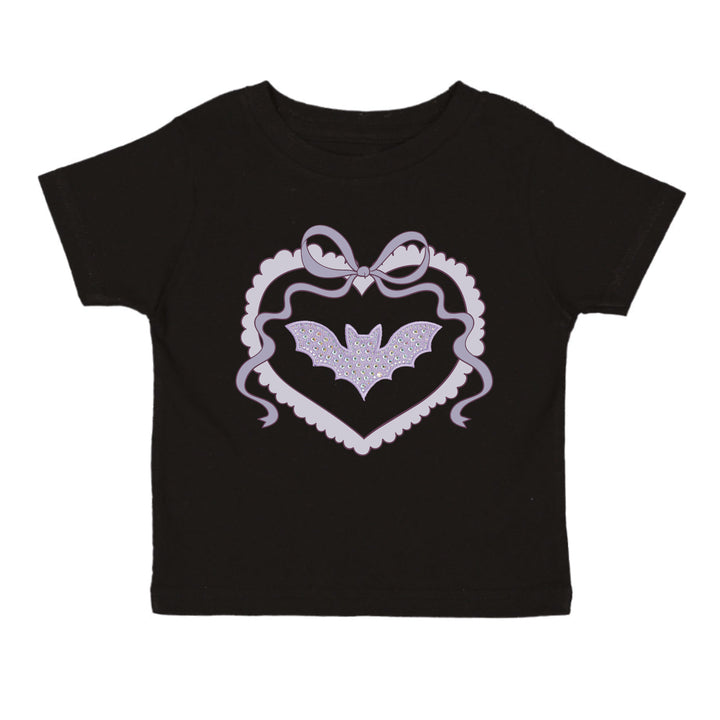 Black short sleeve T-shirt by Sweet Wink featuring a sparkling rhinestone bat patch for Halloween costume or casual wear.
