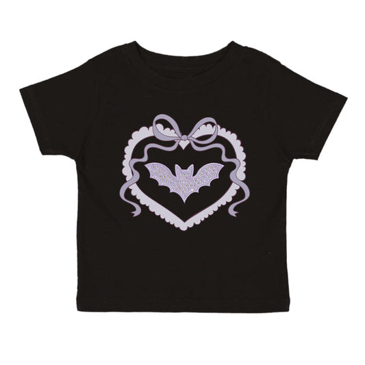 Black short sleeve T-shirt by Sweet Wink featuring a sparkling rhinestone bat patch for Halloween costume or casual wear.