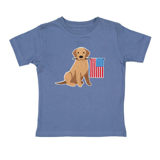 Indigo short sleeve T-shirt by Sweet Wink featuring a patriotic pup patch design on the front.