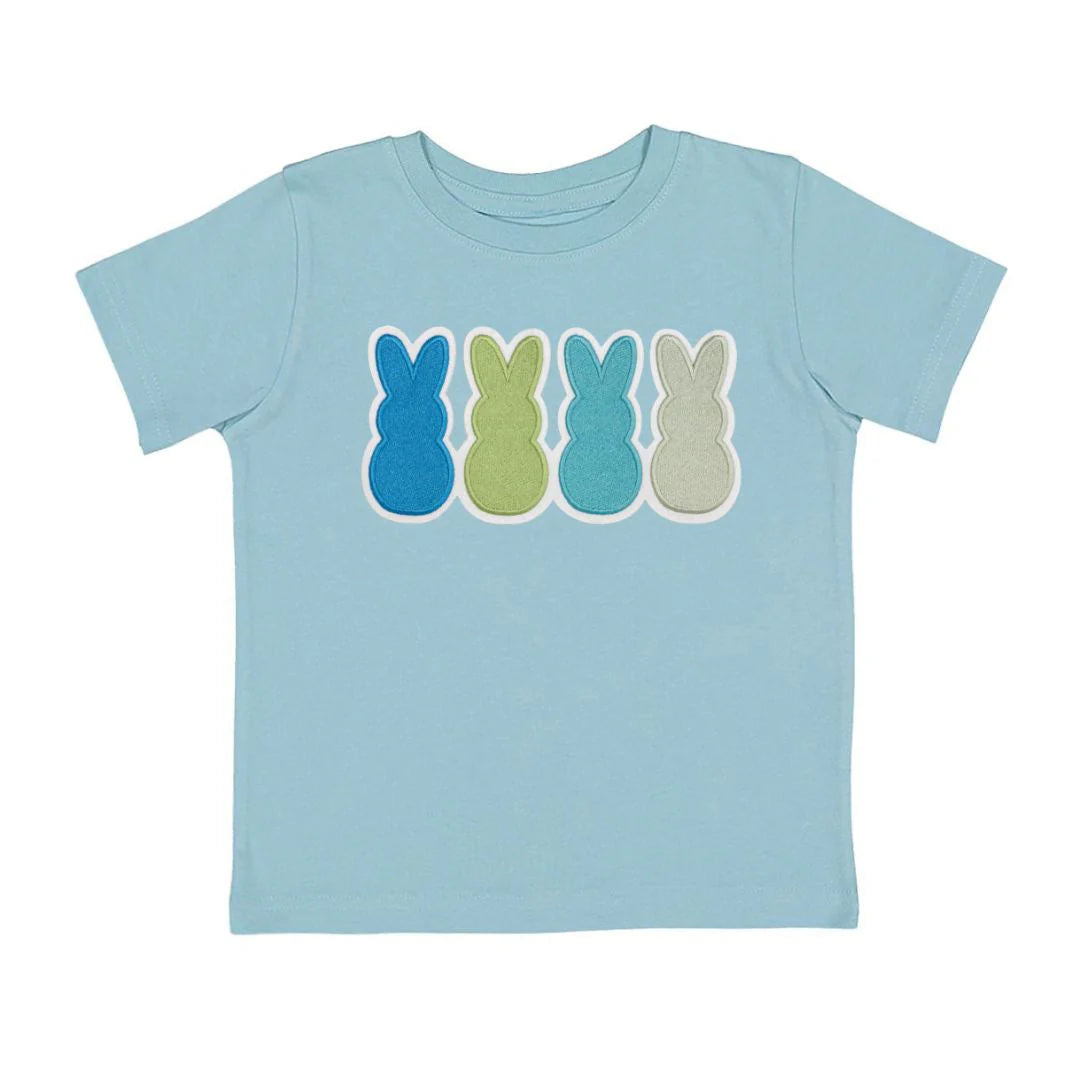 Sweet Wink Easter short sleeve T-shirt with embroidered Cool Blue Peeps patch, fun spring-themed casual shirt.