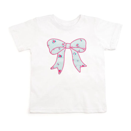 White Sky Blue Floral Bow Patch Short Sleeve T-Shirt