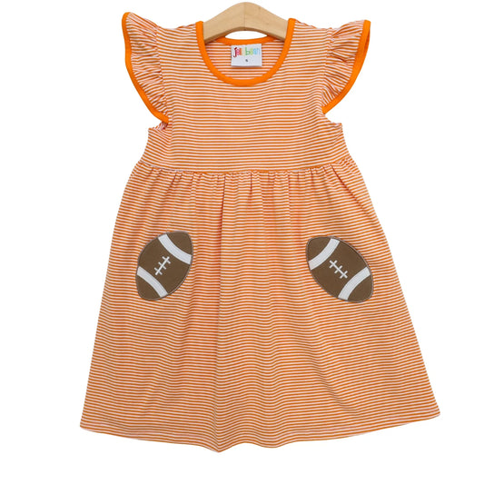 Orange and white Jellybean Let's Cheer! football pocket dress with sporty design and playful print, perfect for gameday outfits.