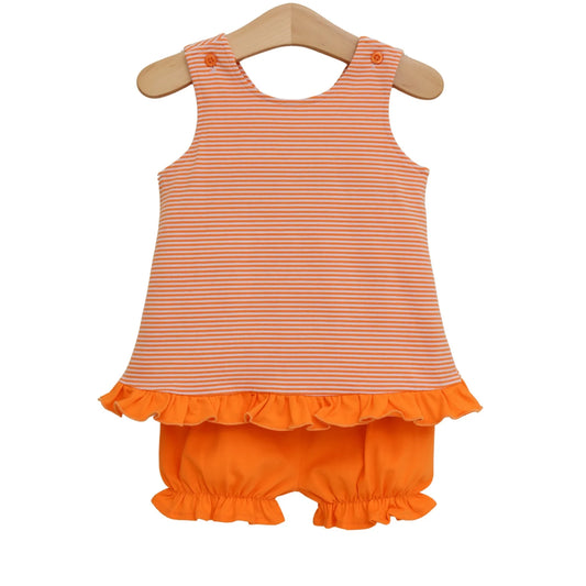 Orange and white Let's Cheer! swing back bloomer set by Jellybean, featuring a cheerful cheerleader design for kids.