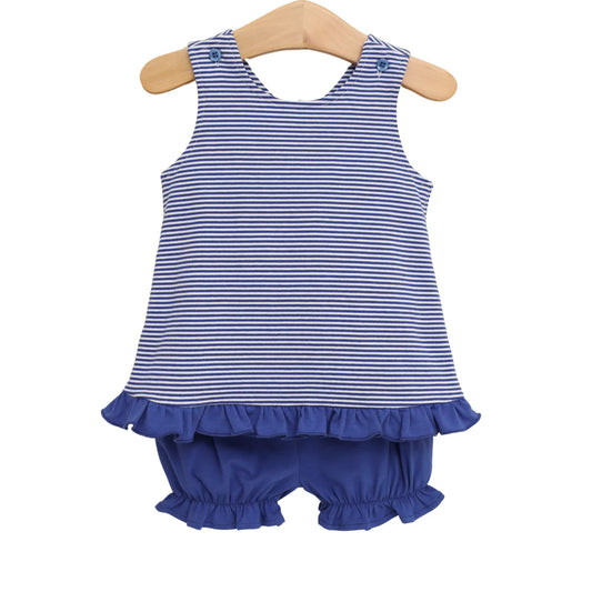 Blue and white Let's Cheer! swing back bloomer set for toddlers by Jellybean, featuring a cheerful cheerleading design.