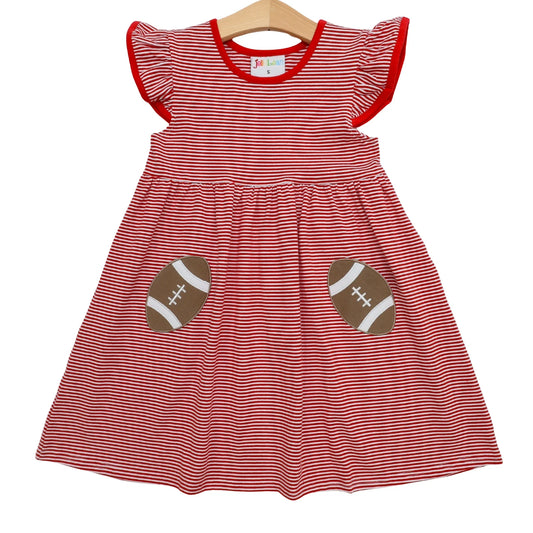 Red and white "Let's Cheer!" football pocket dress by Jellybean, featuring a sporty design and playful cheerleading details.