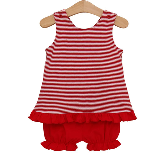 Red and white Let's Cheer! swing back bloomer set by Jellybean, featuring playful design for active children.