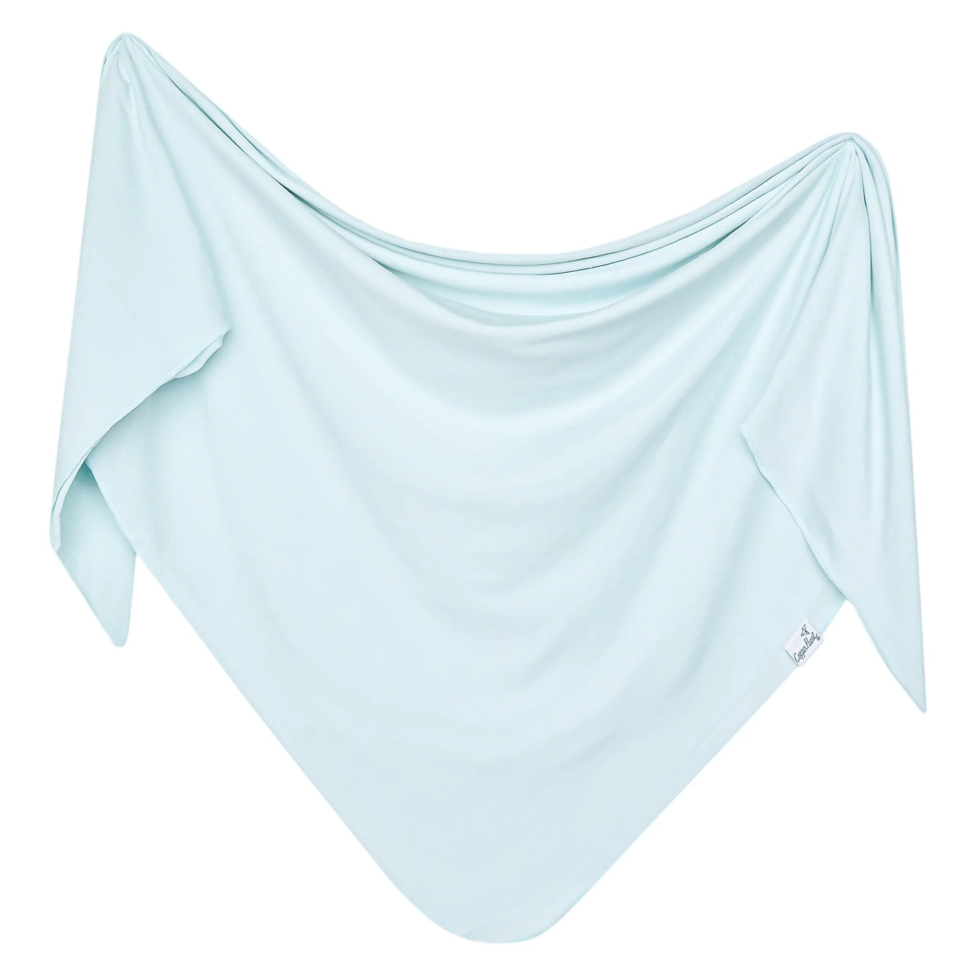 Copper Pearl Air Knit Swaddle Blanket, soft breathable fabric, shown spread out with a baby wrapped inside for comfortable sleep.