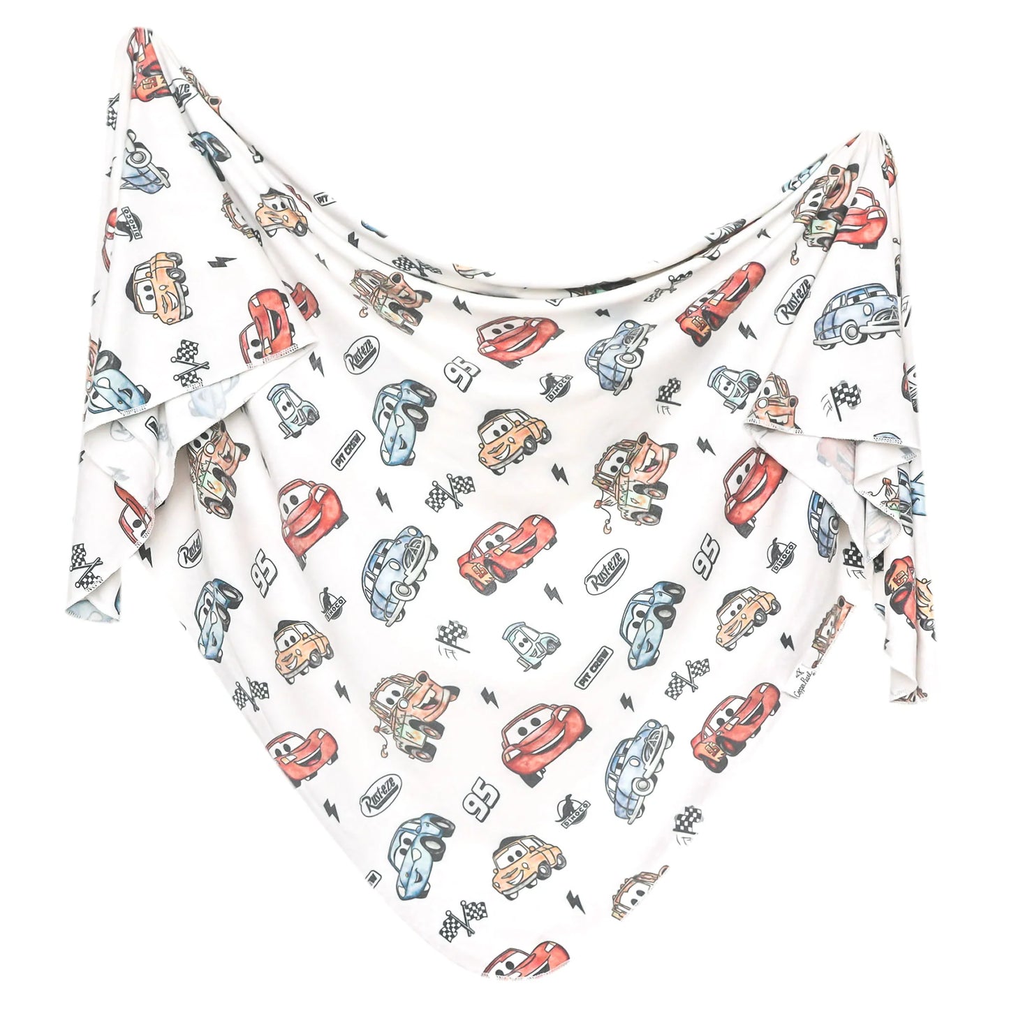Cotton knit Disney Pixar Cars swaddle blanket by Copper Pearl, featuring colorful Cars characters on a soft, cozy fabric for babies.