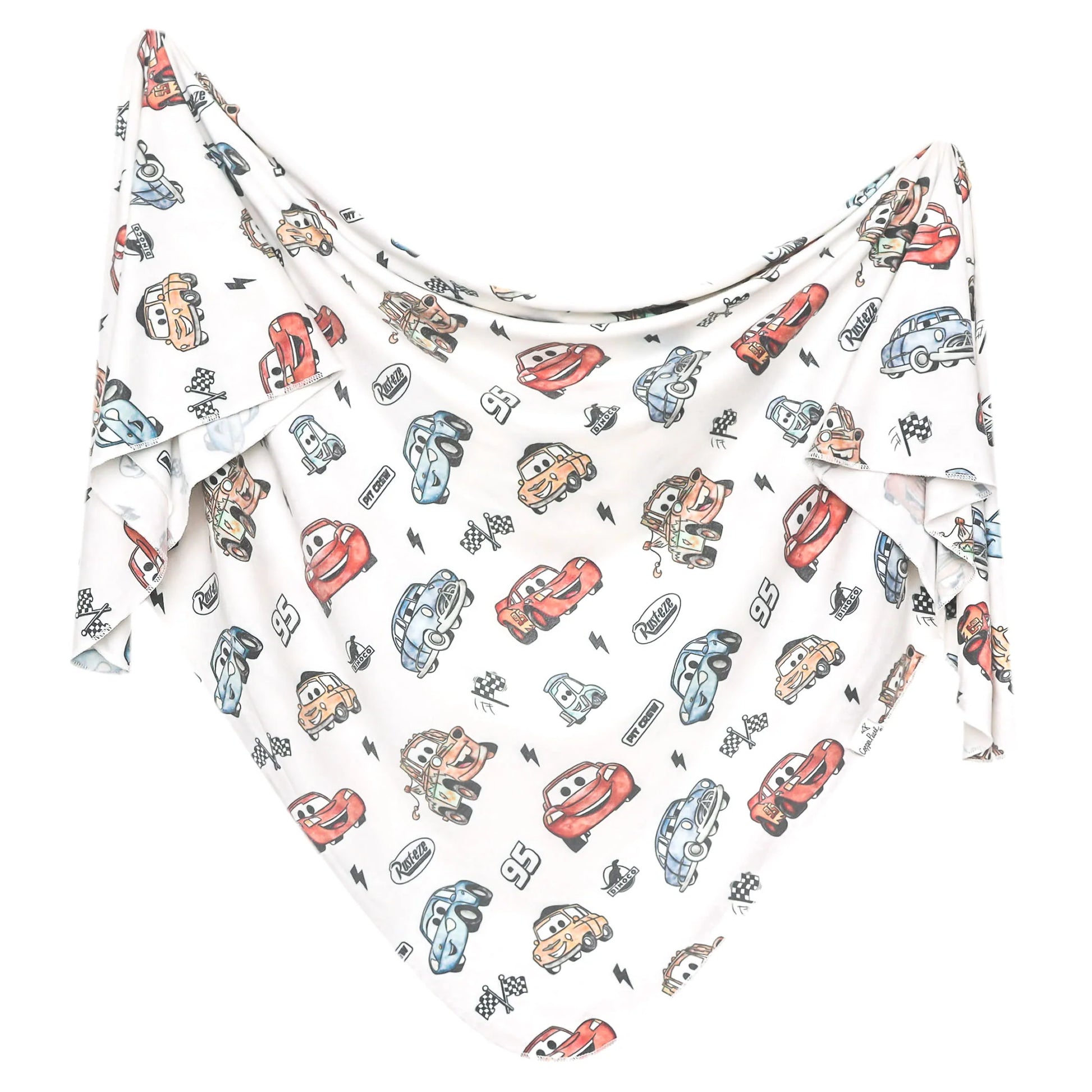Cotton knit Disney Pixar Cars swaddle blanket by Copper Pearl, featuring colorful Cars characters on a soft, cozy fabric for babies.